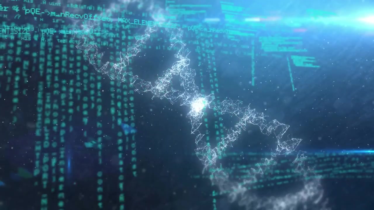 Animation of computer data processing and dna strand over blue background