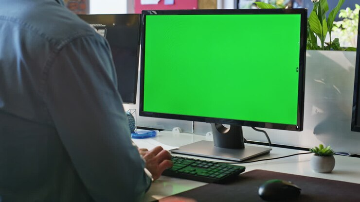 Nahaufnahme eines unbekannten Freelancers, der in einem modernen Büro vor einem Greenscreen-Computer arbeitet
