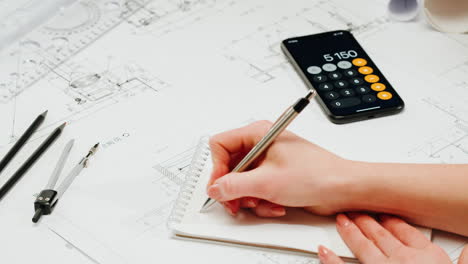 architect or engineer working on blueprints with smartphone calculator