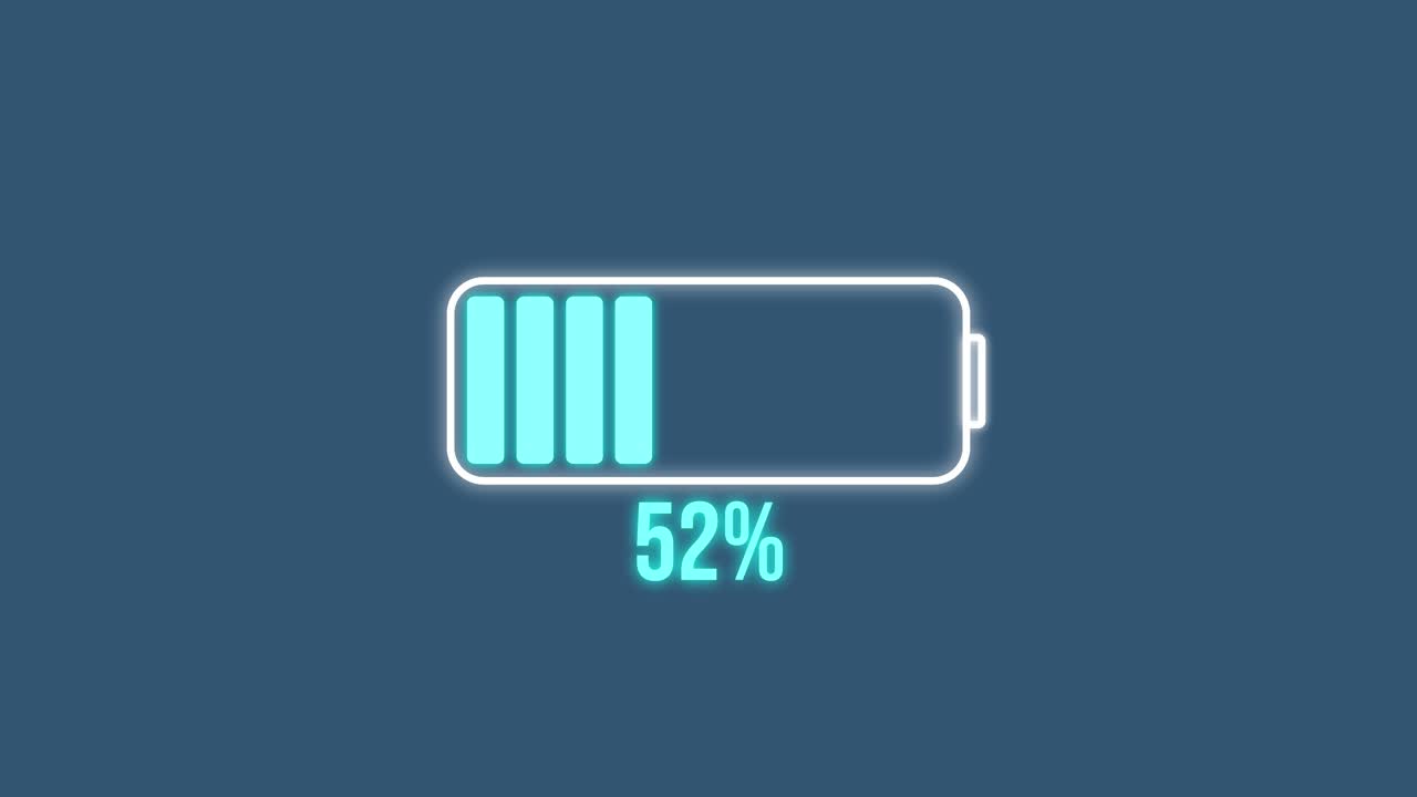 Animation showing a battery icon filling from 0% to 100% on a blue background, indicating charging progress