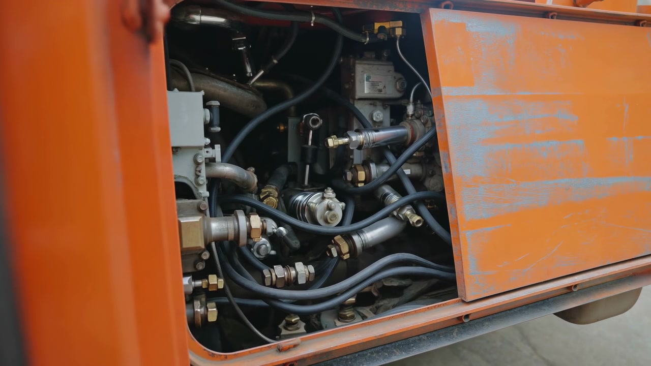 A static shot of industrial machinery in a factory environment, featuring metallic parts and plastic components under neutral lighting. The scene is captured from a slightly elevated angle.
