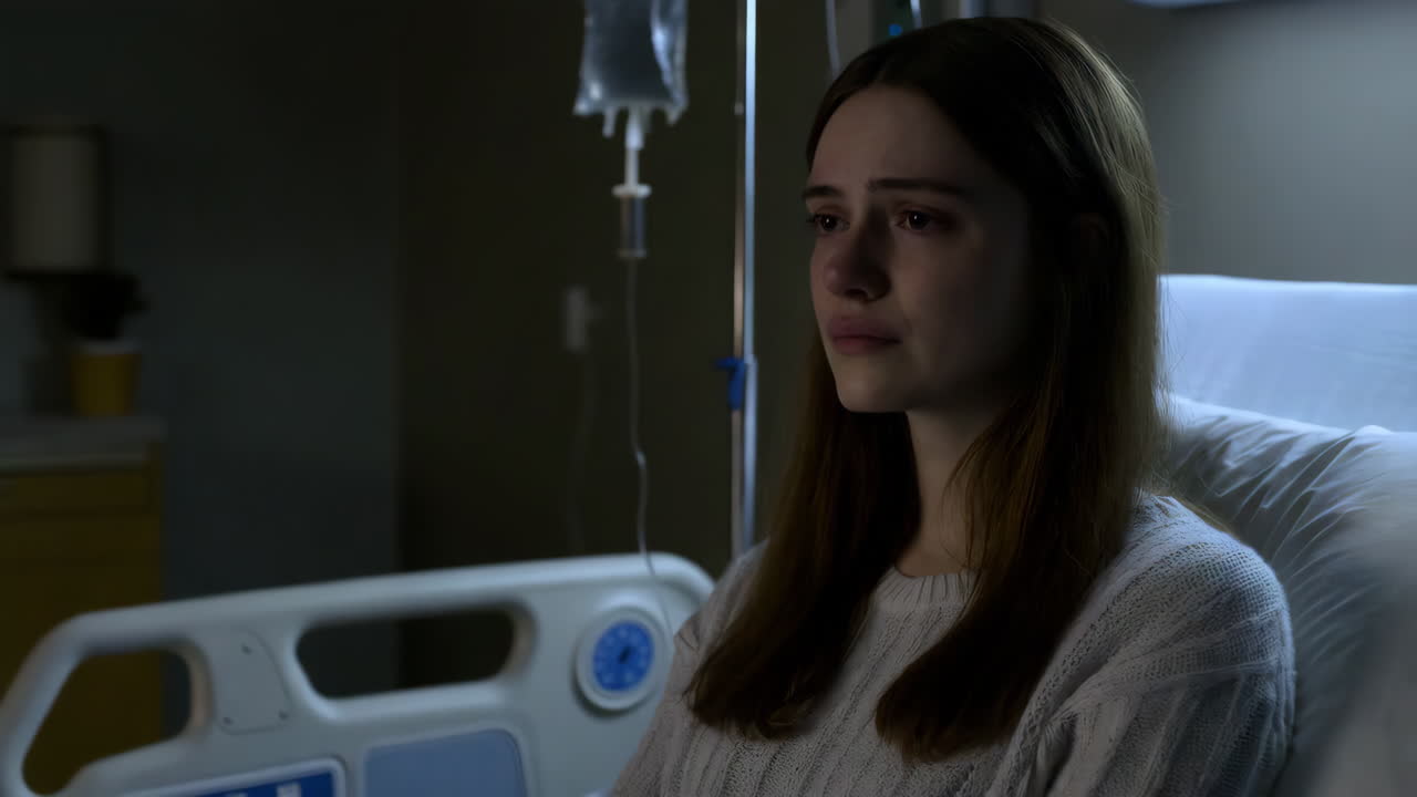 Ragazza triste in un letto d'ospedale