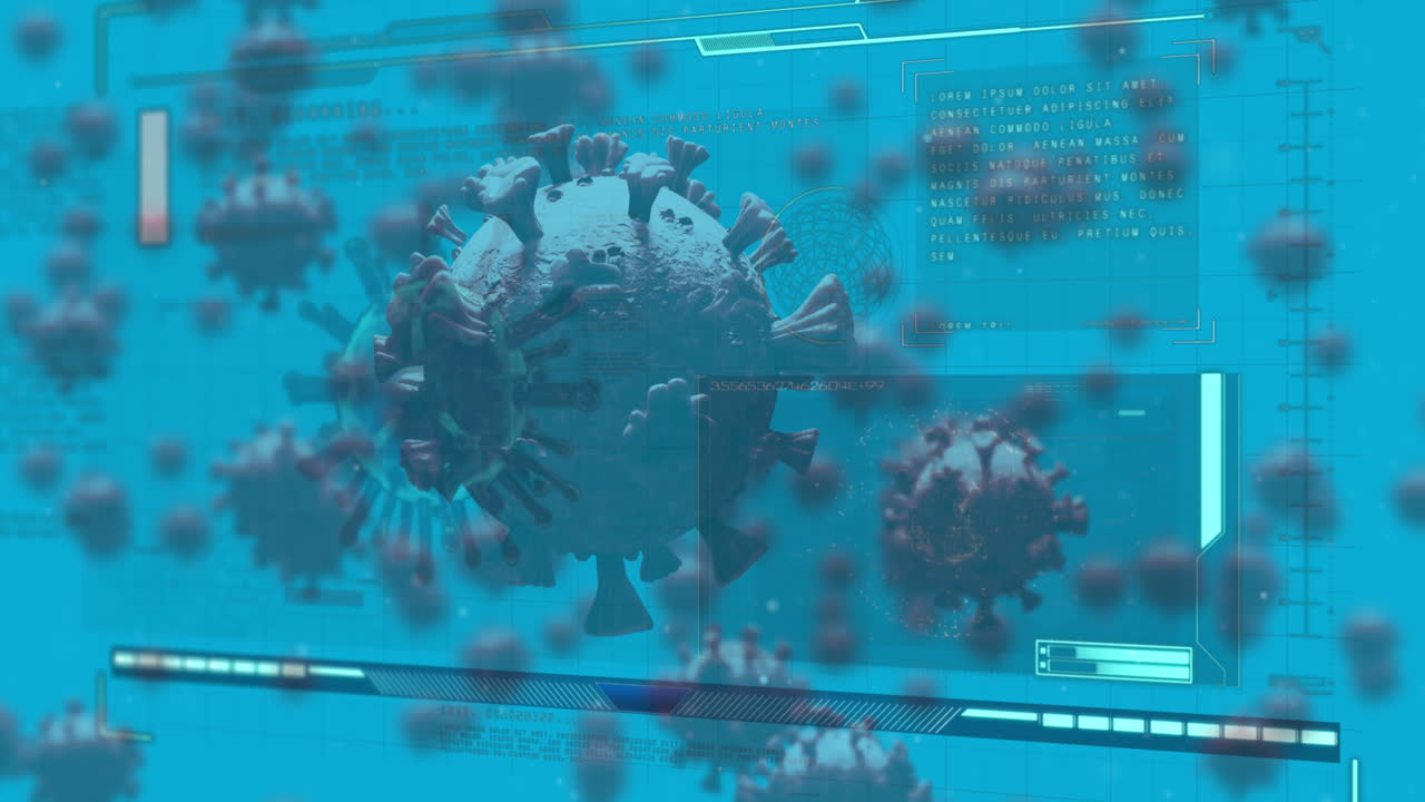 파란색 배경에서 데이터 처리 및 바이러스 세포의 애니메이션