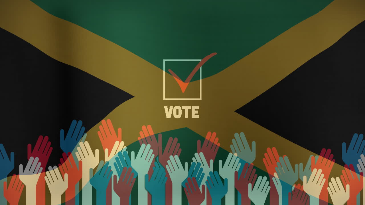 Colorful hands raised with VOTE text in front of Jamaican flag background