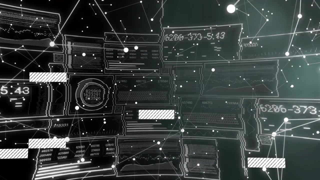 Animation of data processing over network of connections on black background