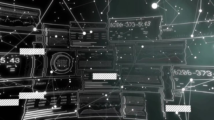 Animation of data processing over network of connections on black background