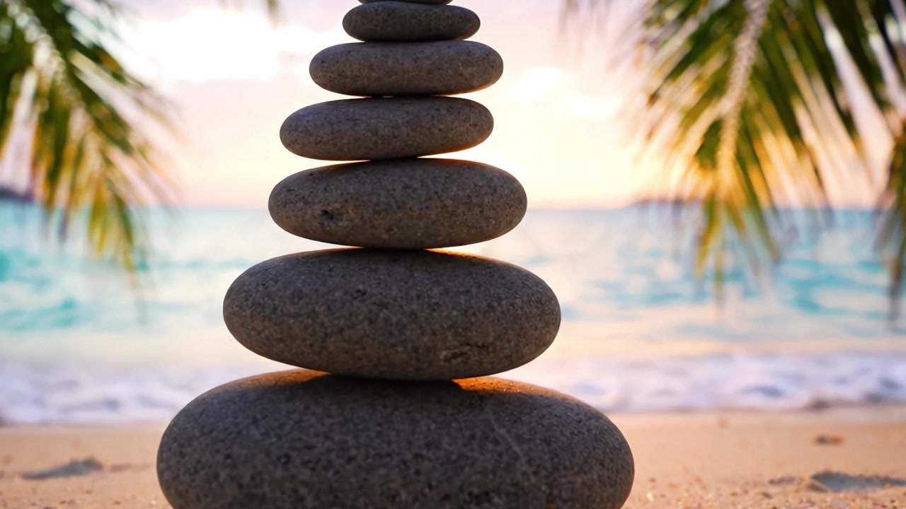 Tramonto sereno sulla spiaggia: una tranquilla torre di pietre in equilibrio armonioso tra lussureggianti fronde di palma e dolci onde oceaniche che riflettono la luce dorata