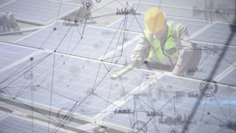 Animation-of-network-of-connections-over-solar-panels-and-male-engineer-in-background