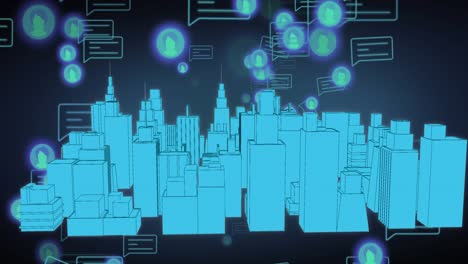 Animation-of-media-icons-and-city-on-blue-background