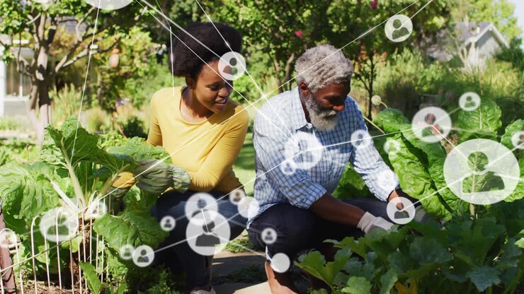 Network of profile icons against african american father and daughter gardening in the garden