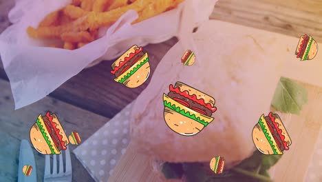 animation of burgers floating over fast food