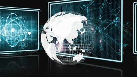 screens with data processing and human head with spinning globe