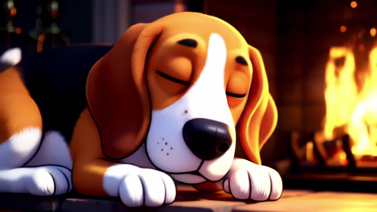 Una scena accogliente di un cane beagle che dorme accanto al caminetto, avvolto dal calore e dal comfort di una tranquilla atmosfera serale con fiamme scintillanti sullo sfondo