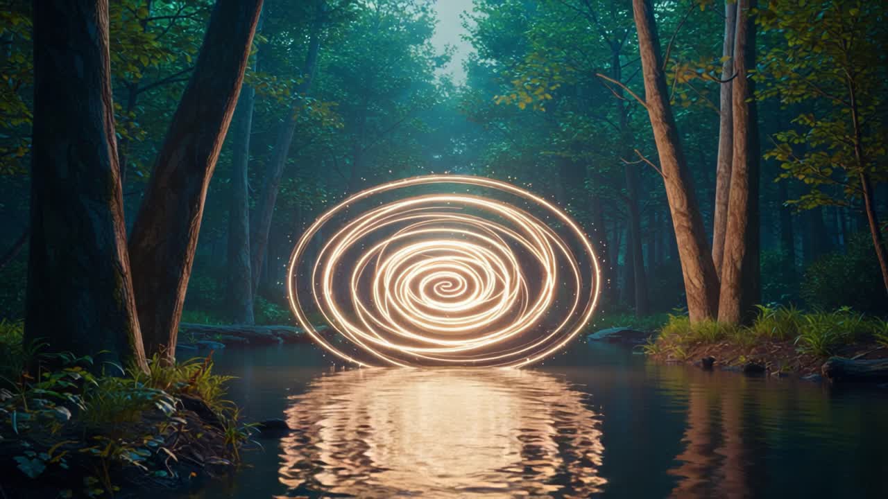 A mesmerizing swirl of golden light emerges above the tranquil waters of a serene forest, creating a magical atmosphere in the heart of nature's untouched beauty