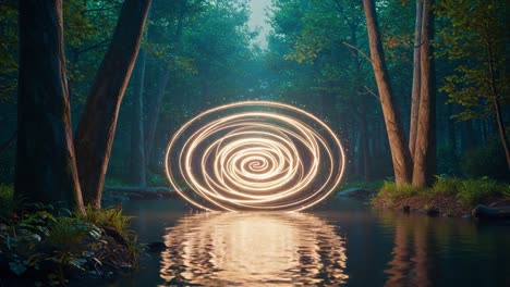 A mesmerizing swirl of golden light emerges above the tranquil waters of a serene forest, creating a magical atmosphere in the heart of nature&#039;s untouched beauty