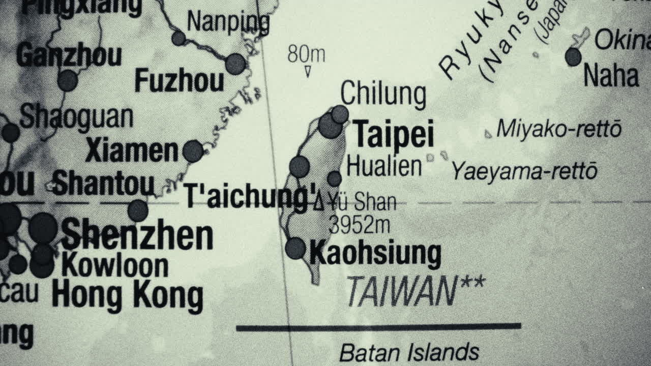 A geographical map showing Taiwan, parts of mainland China, and Japan