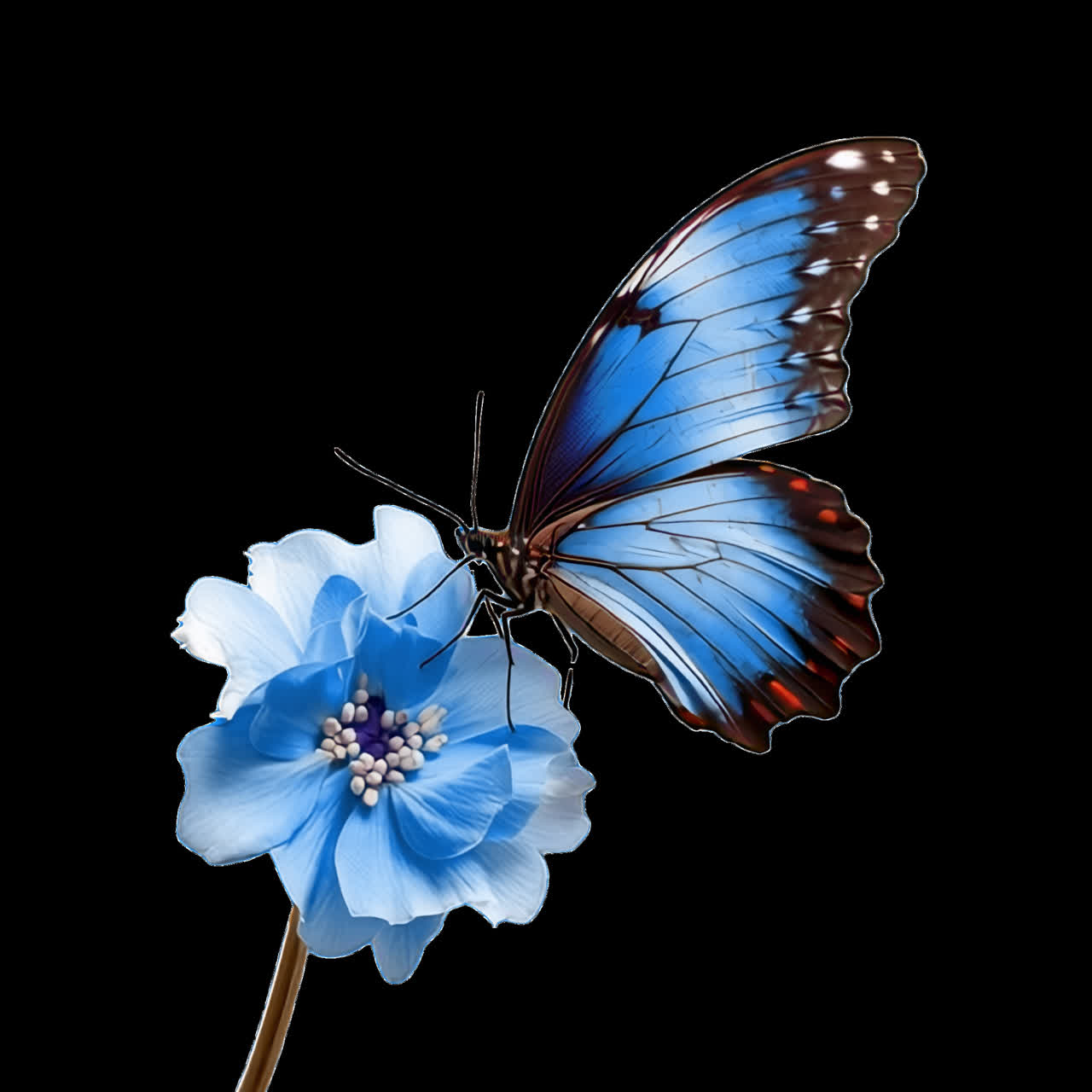 Animation eines blauen Schmetterlings auf einer Blume, isolierte Ressource, transparentes 4K-Video, Alpha-Kanal, ProRes 4444