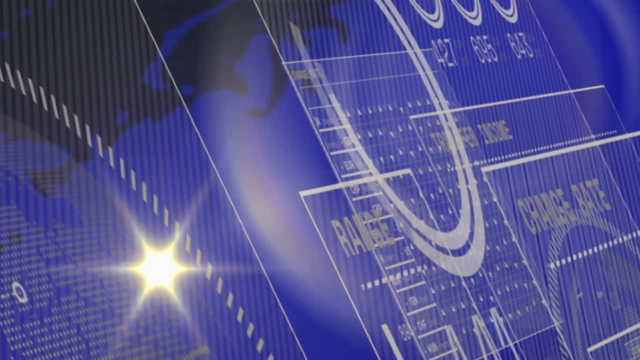 파란색 배경에 대한 세계 지도에 대한 데이터 처리와 인터페이스의 빛 점의 애니메이션