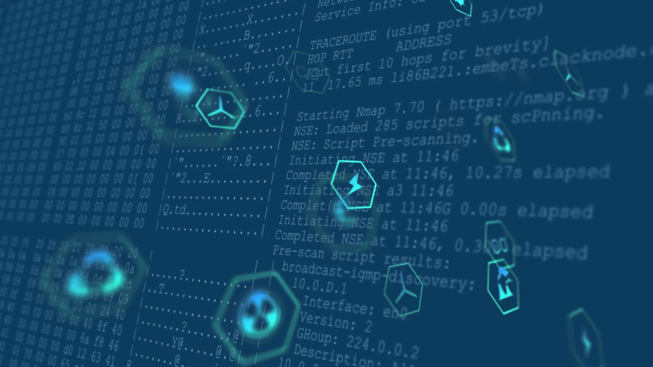 At start teal hexagonal eco power icons drifting across blue and terminal text revealing port scans