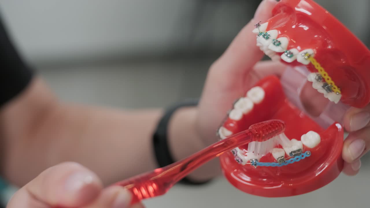 Teeth with brace cleaning explanation, brush your teeth with a toothbrush the right way. Dentist and dental hygienist explains how to clean your teeth.