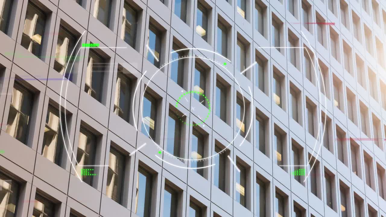 Animazione di mirino e glitch su edificio per uffici