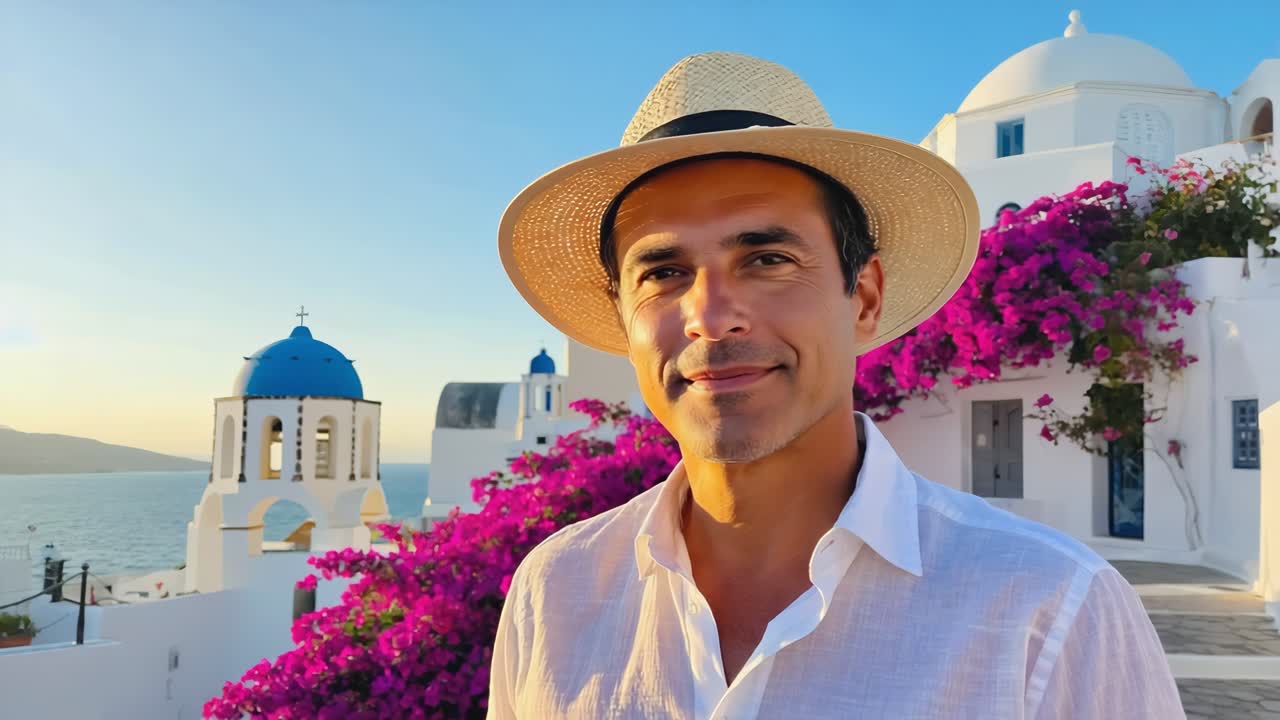 Happy tourist wearing a straw hat smiling in a picturesque whitewashed village with bougainvillea flowers and blue domed churches overlooking the sea during sunset