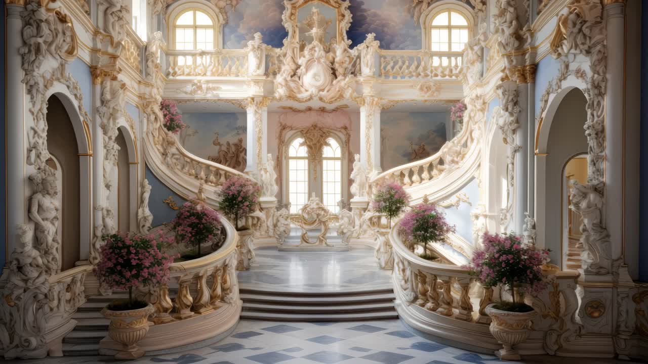Elegant baroque interior with grand staircase, ornate details, and soft lighting
