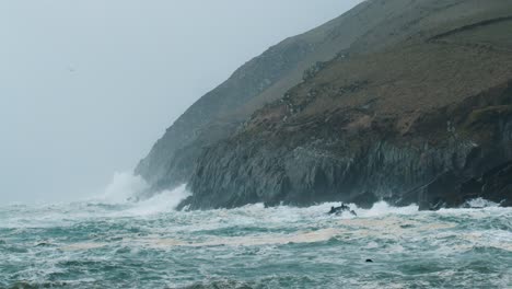 splashing waves at stormy irish coast with seagulls in the sky