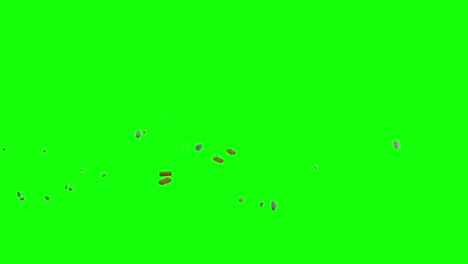 rock and brick pieces dropped from top left side of the screen and scattering on imaginary flat surface, green screen background, animation overlay for chroma key transparent blending option