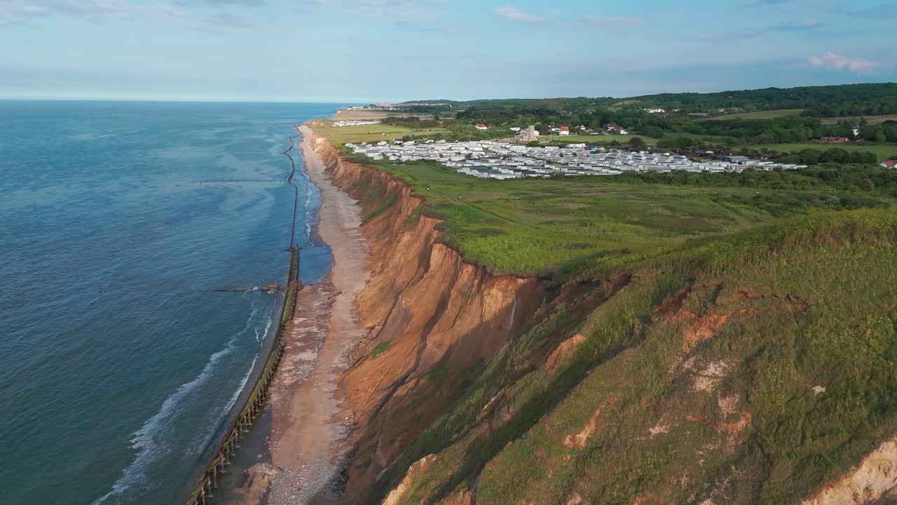England coast rocky cliff Sheringham beach aerial drone nature landscape caravan park