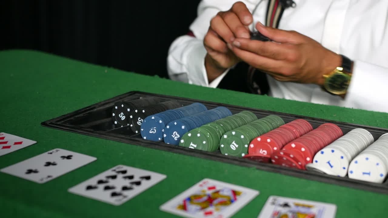 un crupier de póquer en un casino contando y pagando fichas a un ganador en una mesa de cartas de blackjack