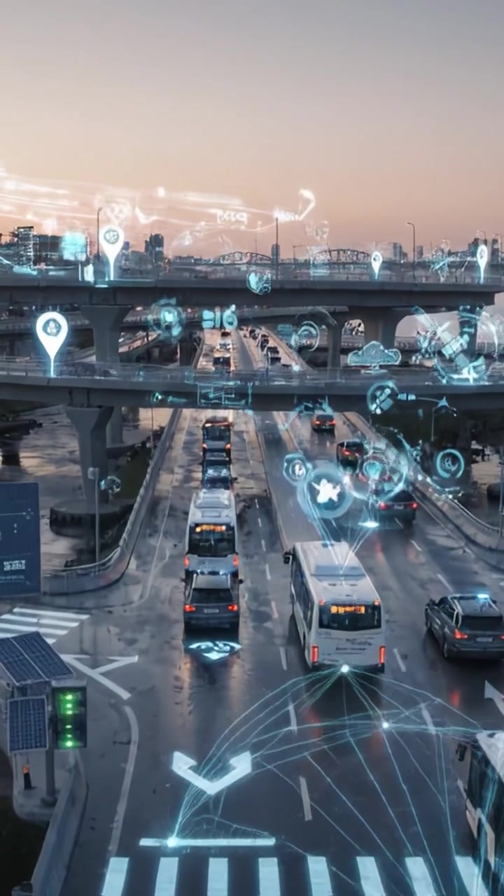 Scena urbana futuristica che raffigura l'integrazione della tecnologia smart nell'infrastruttura cittadina, con veicoli, pedoni ed elementi digitali in armonia.