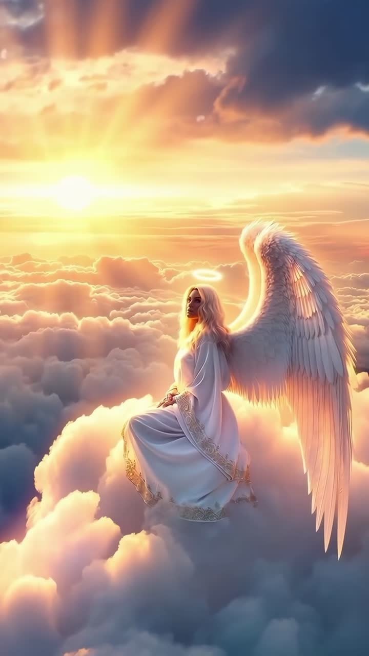 Aerial view of an angelic figure on clouds at sunrise, creating a serene video scene