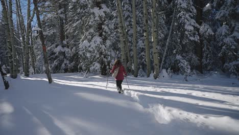 Girl-walking-through-the-snow-with-snowshoes