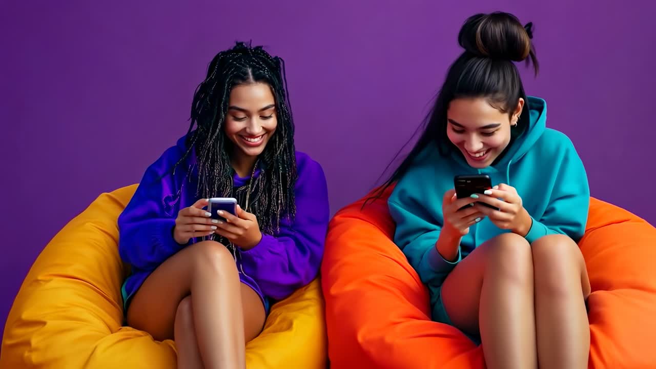 Two friends in colorful hoodies sit on bean bags, smiling at their phones