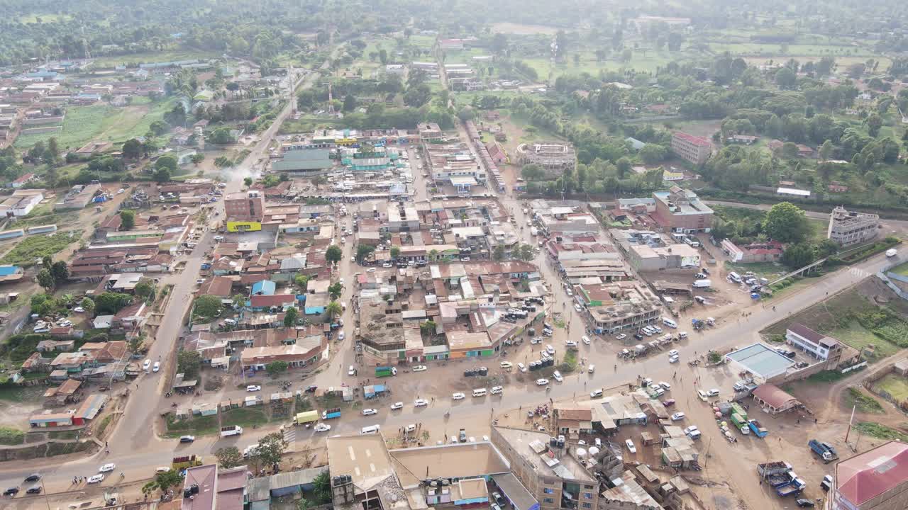 Busy center of African town Loitokitok in Southern Kenya, aerial view