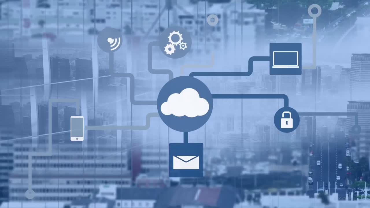 도시 풍경 위의 미디어 아이콘의 애니메이션