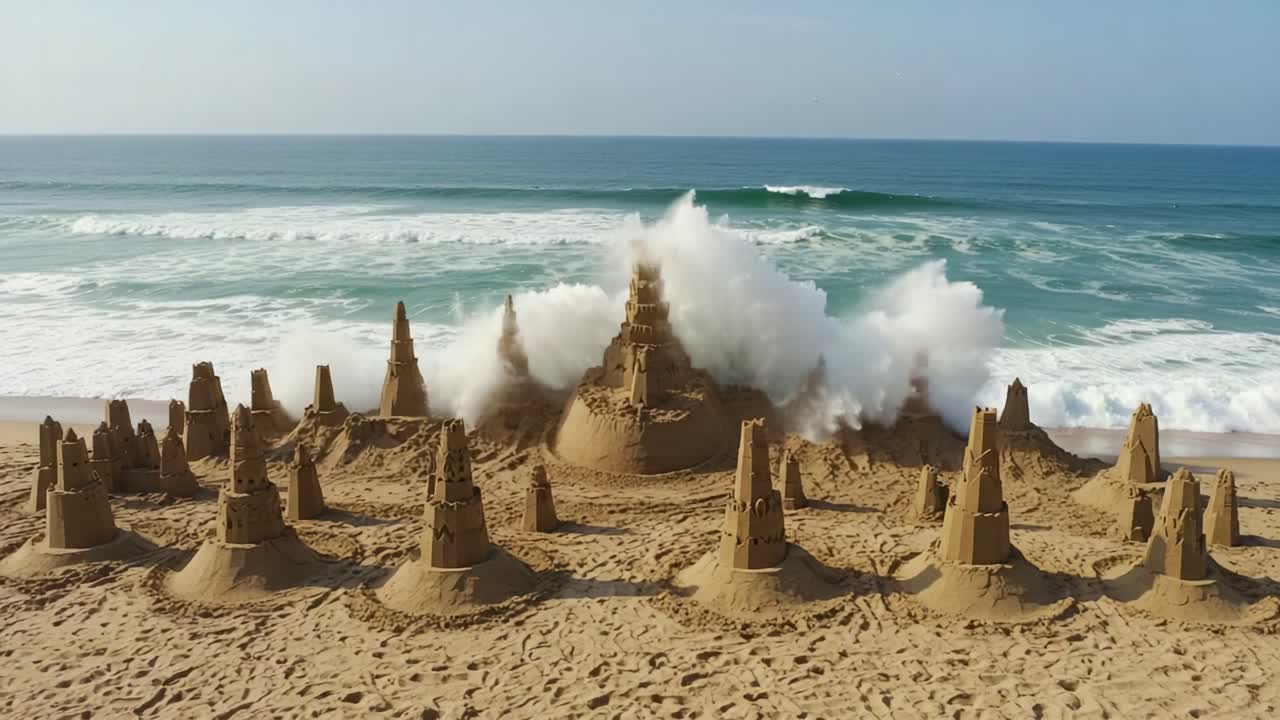 Impressive Sandcastle Fortress on the Beach: Detailed Architecture of Sand Structures Captured Just Before and After the Waves Sweep In