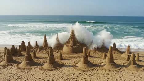 impressive sandcastle fortress on the beach: detailed architecture of sand structures captured just before and after the waves sweep in