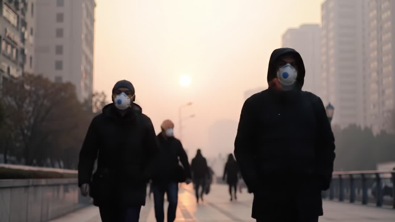 In a city shrouded in haze, individuals walk purposefully along a street, adorned in masks that shield them from the pollution, as the sun rises behind towering buildings