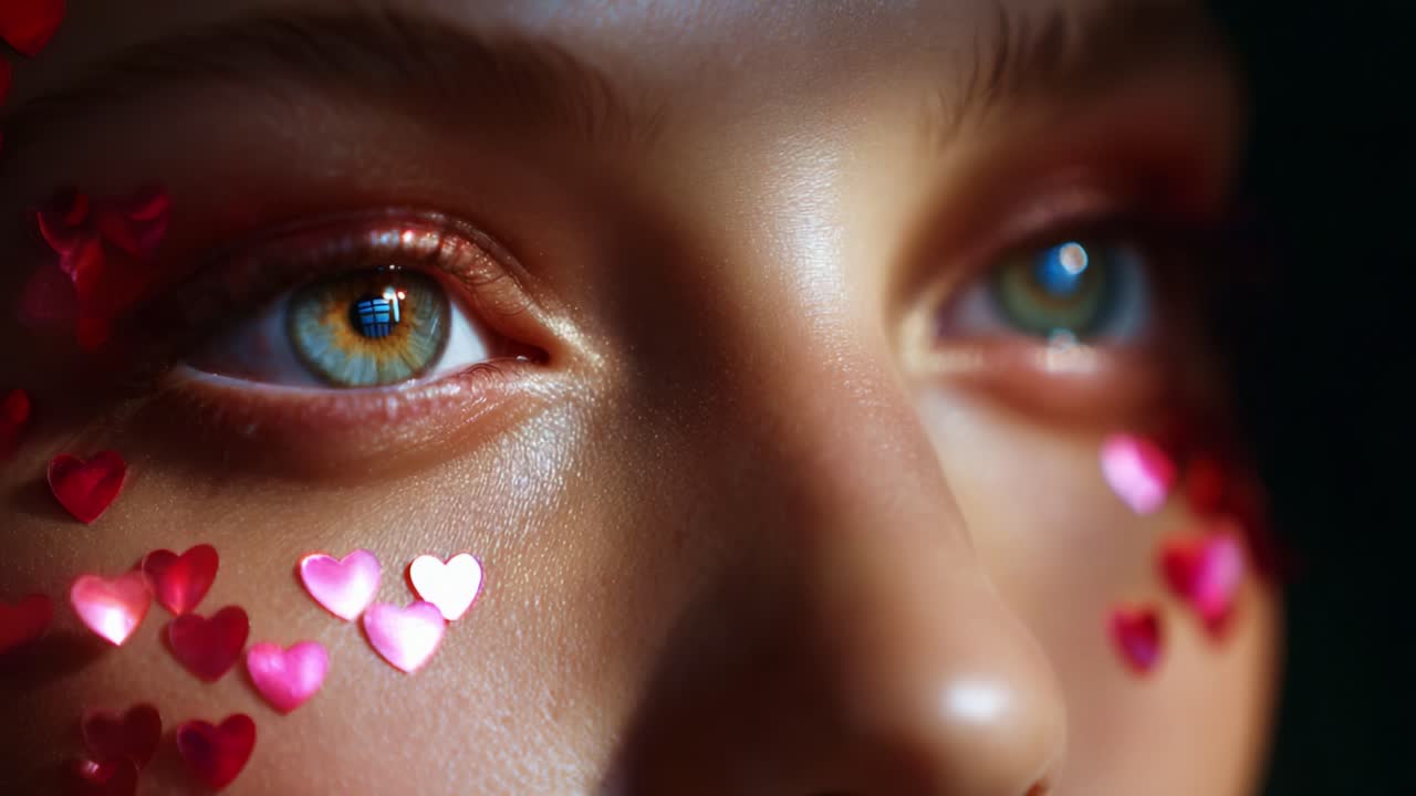 A Captivating Close-Up of Enchanting Eyes Adorned with Shimmering Pink Heart Shapes, Highlighting Beauty and Emotion in a Stunning Portrait That Evokes Romance and Whimsy