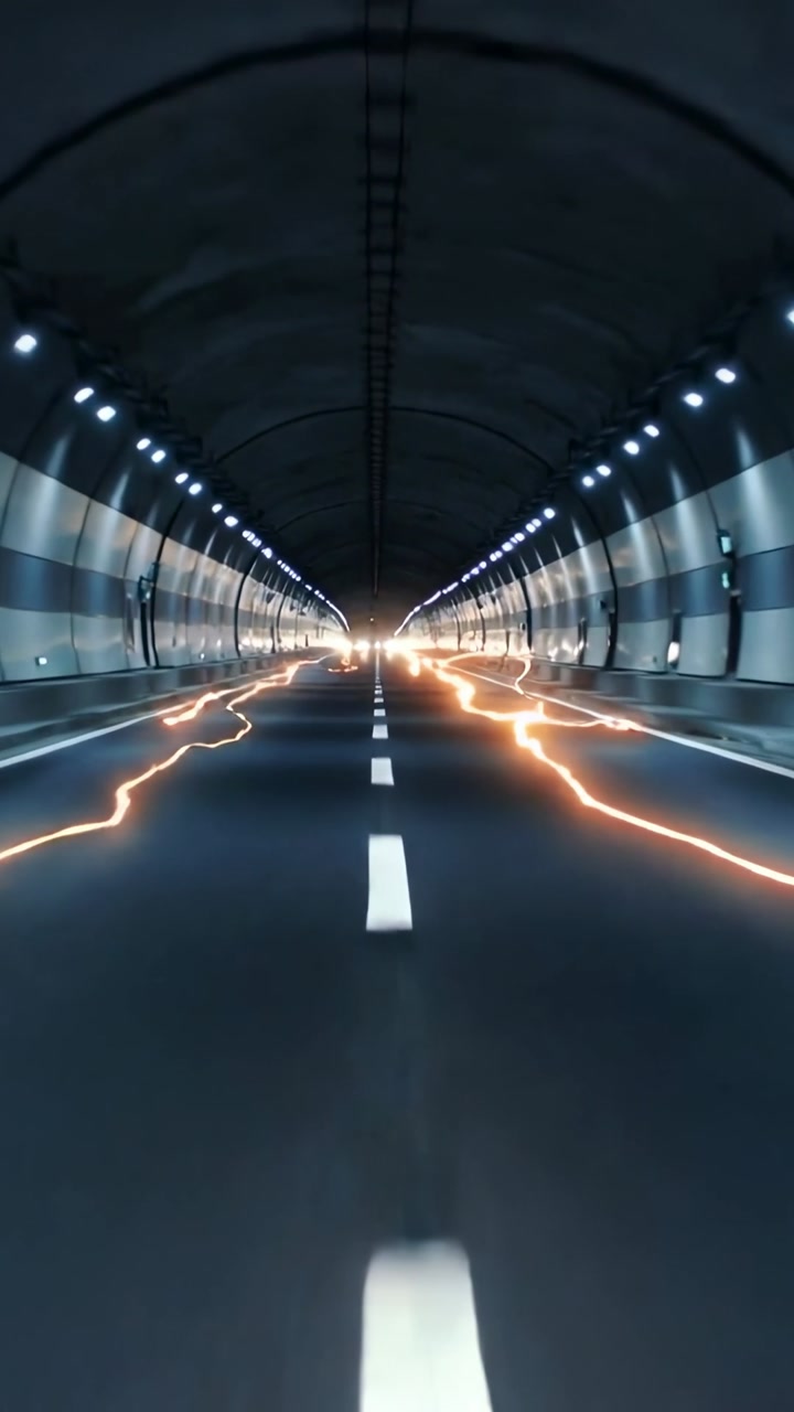 Vertical video: Roadway dashed center line showing orange streaks from far end, guiding transport