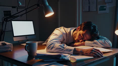 un hombre de negocios cansado durmiendo en su escritorio.