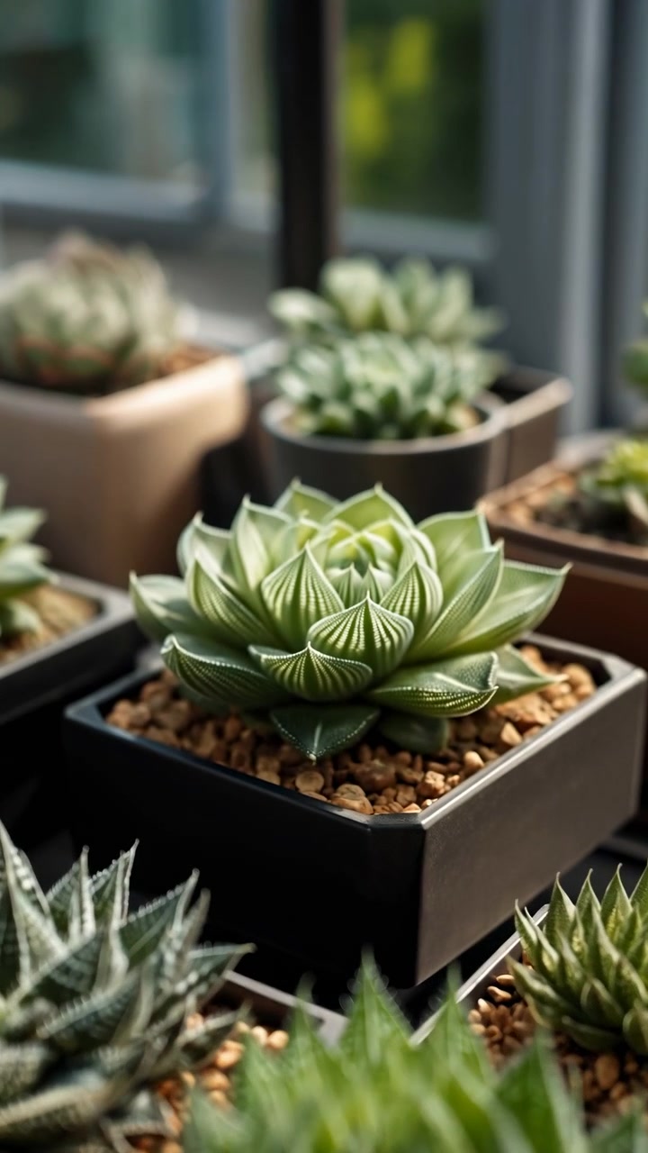 Succulente in stile haworthia in primo piano sono a fuoco nitido all'interno di vasi quadrati neri con ciottoli marroni grossolani, mentre piante a rosetta e contenitori aggiuntivi nelle vicinanze sfocano in un delicato bokeh.