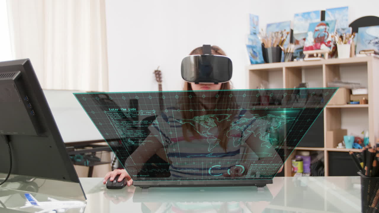 Woman using VR headset with futuristic augmented reality interface