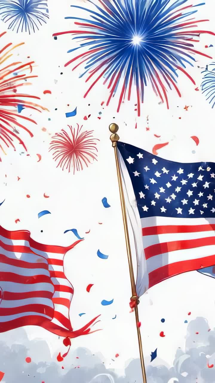 Vertical video: Flapping US flags amid fireworks and confetti in sky, celebrating patriotism