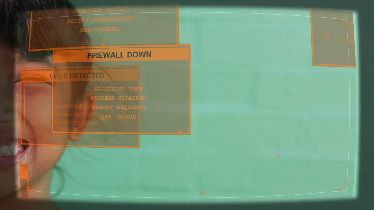 Vertical video: Girl smiling on HUD security scan finding virus and raising alerts covering face