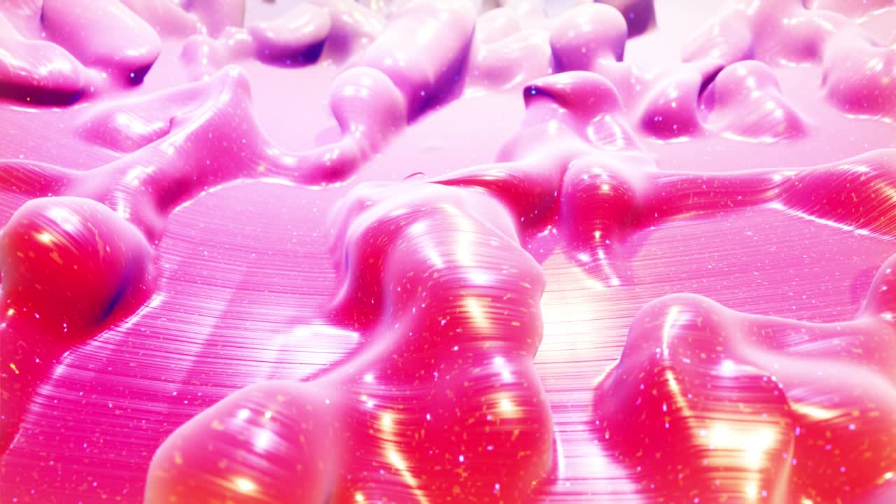 Smooth abstract animation of liquid gradient red color in 4k. Bright glossy paint surface as abstract looped festive background. Glitters on viscous liquid with 3d splashes on surface like drops.