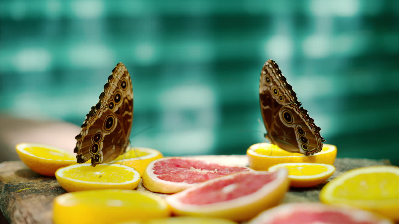 The Menelaus blue morpho butterfly fluttering its wings while eating nectar from oranges