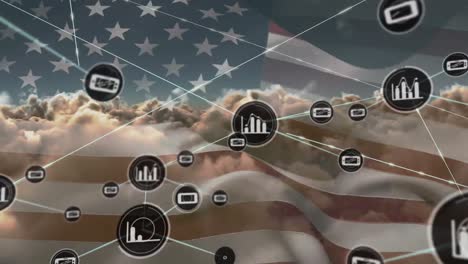 network of digital icons over waving us flag against clouds in the sky